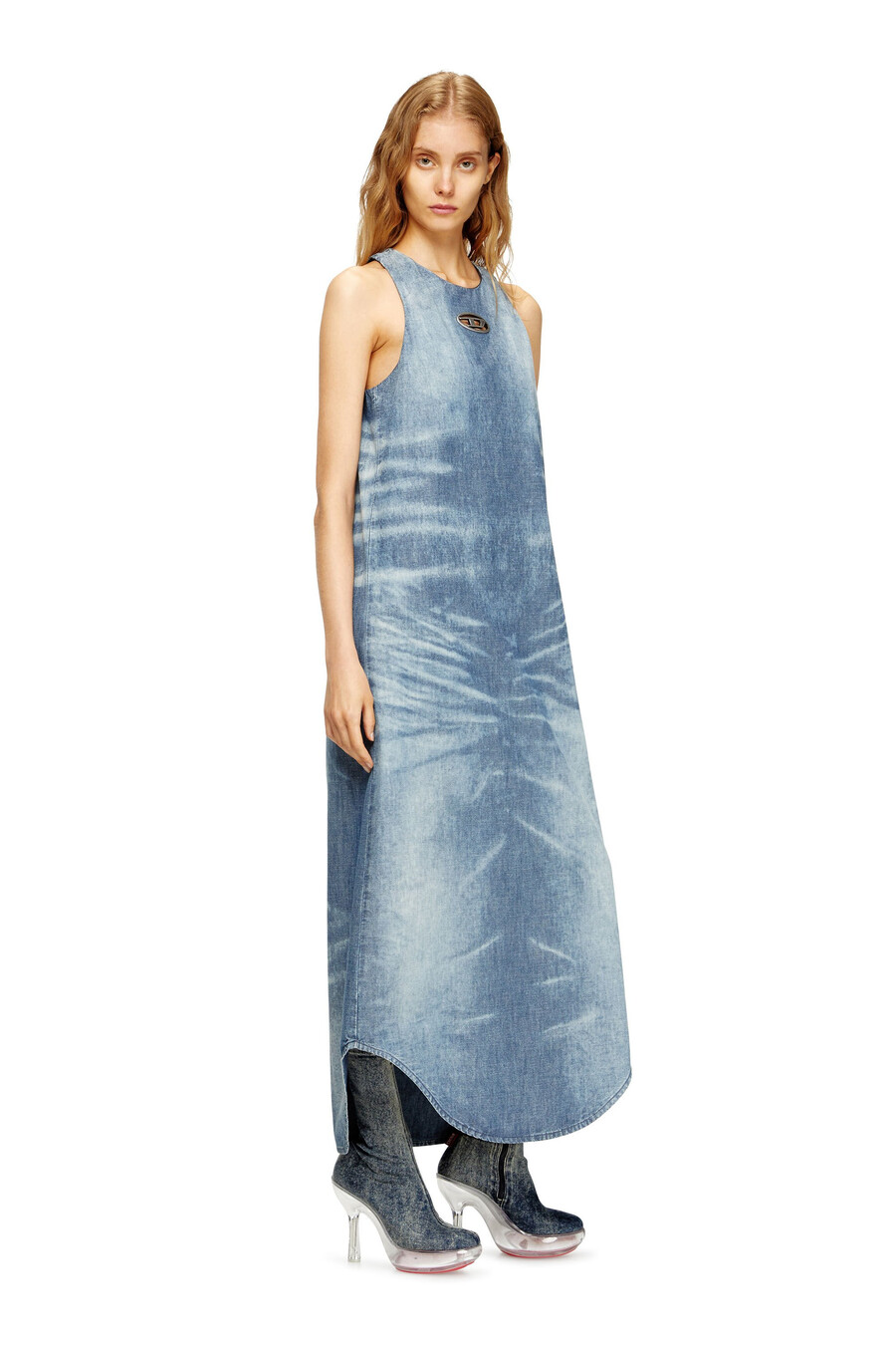 abito lungo da donna in denim marmorizzato blu diesel
