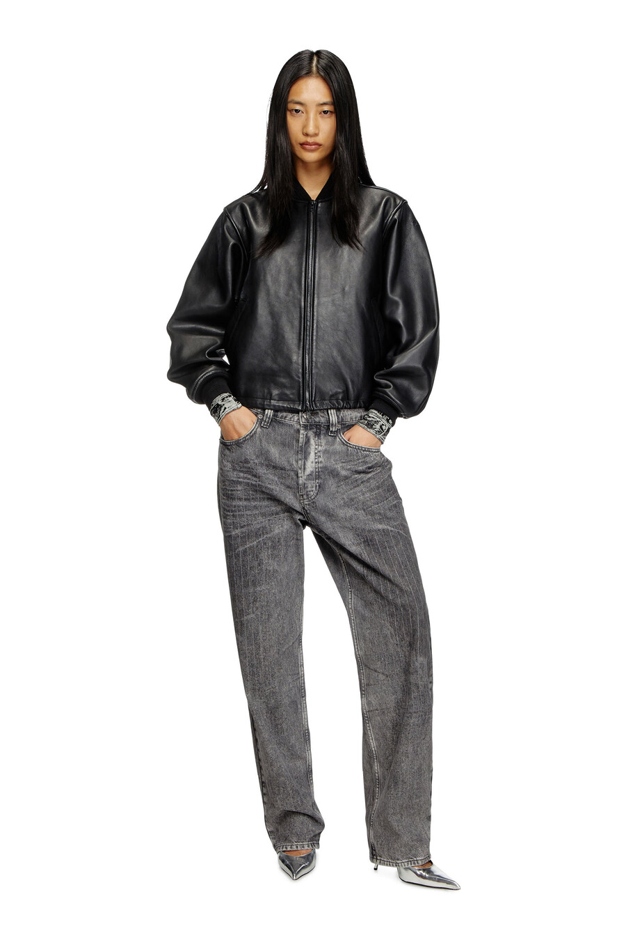 giubbotto bomber in pelle da donna nero diesel