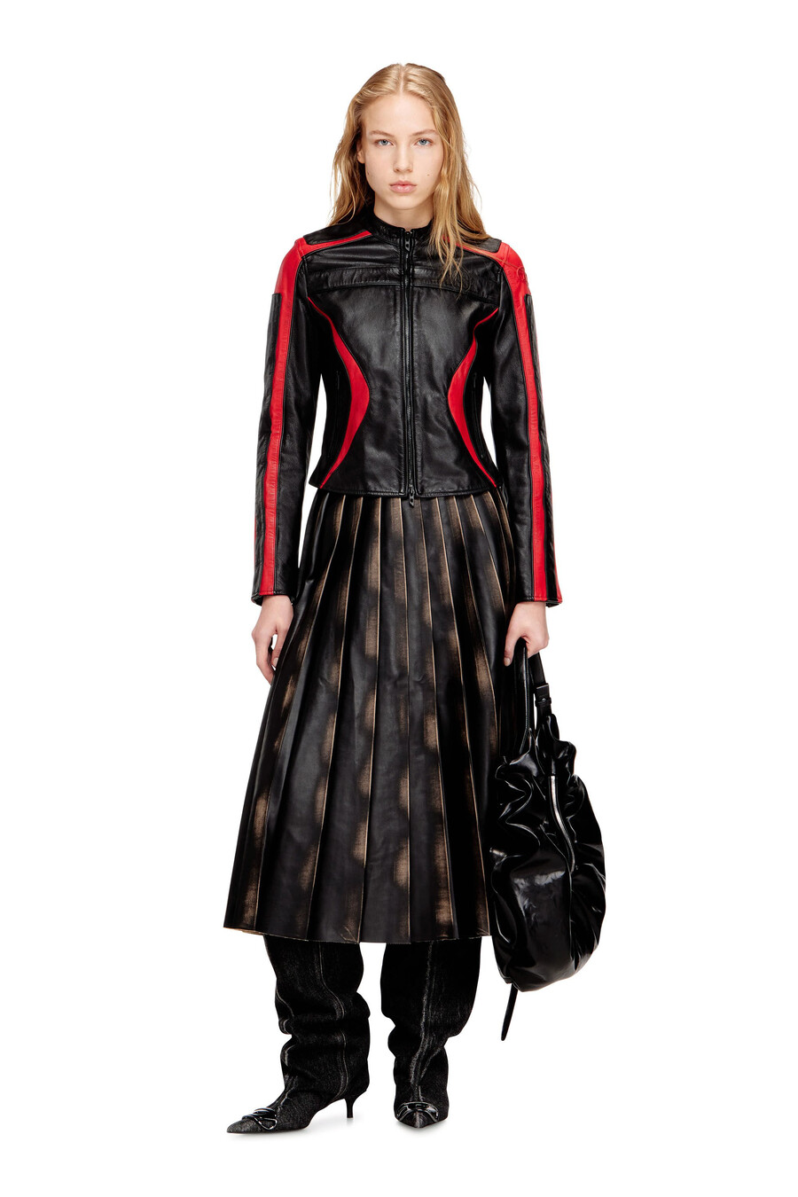 giacca biker da donna in pelle color block multicolore diesel