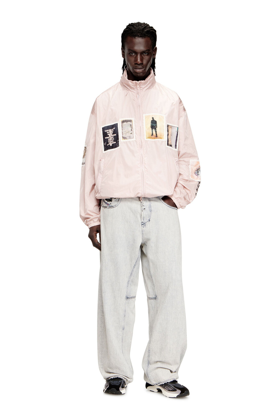 giacca a vento da uomo con toppe grafiche rosa diesel