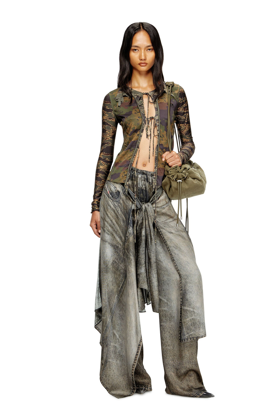 cardigan da donna con cravatta e stampe mimetiche miste verde diesel