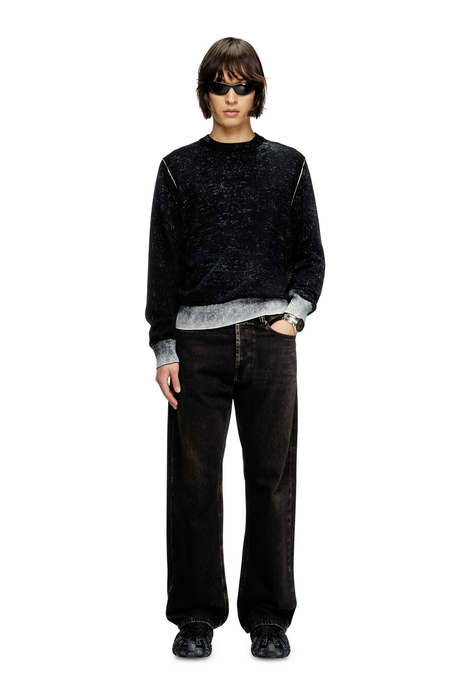 maglione da uomo in cotone con stampa inversa nero diesel