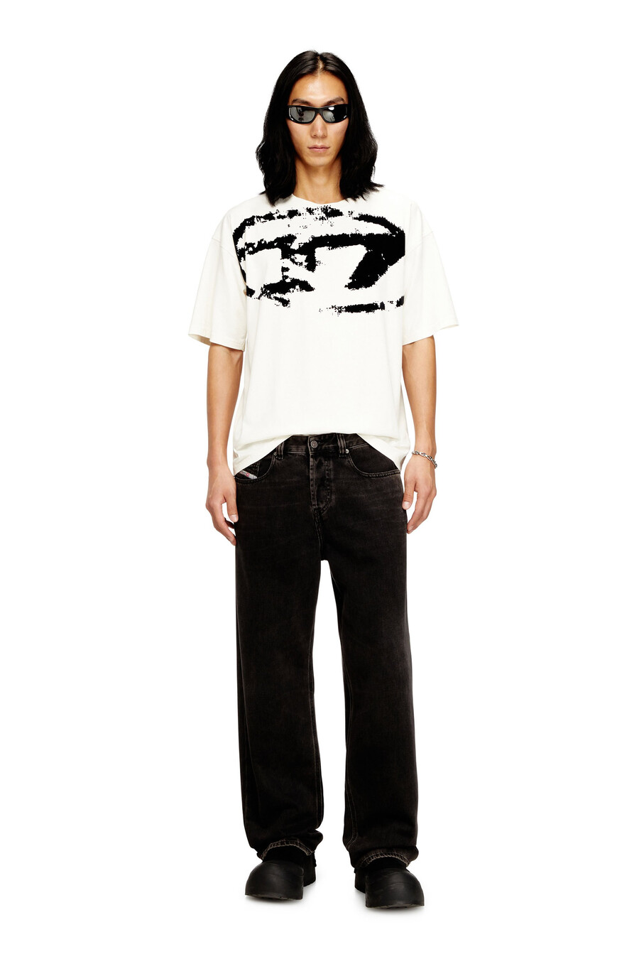 t-shirt da uomo con logo floccato effetto consumato multicolore diesel