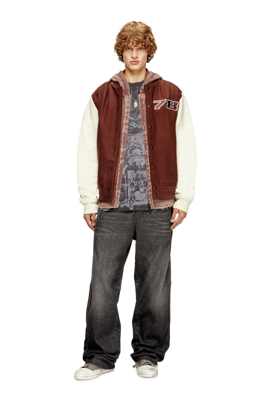 giubbotto bomber imbottito da uomo in lana e pelle marrone diesel