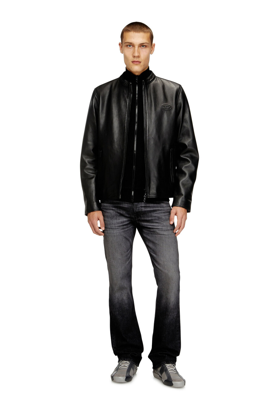giacca biker da uomo in pelle cerata nero diesel