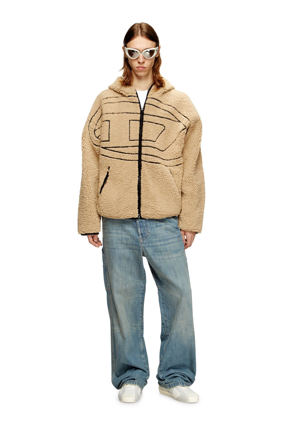 felpa con cappuccio teddy da uomo beige diesel