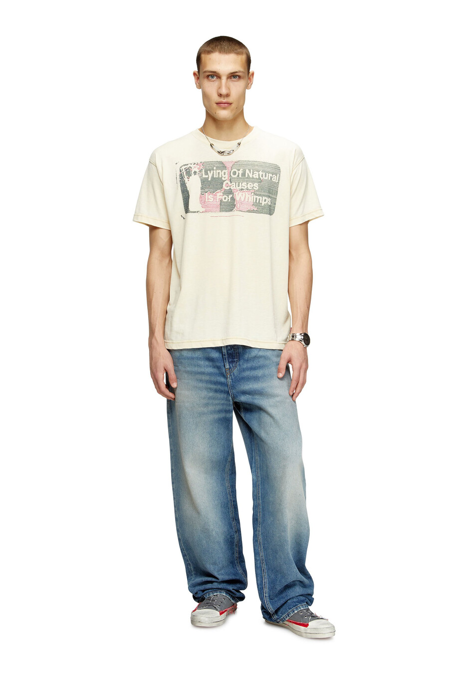 t-shirt da uomo con slogan e lavaggio burnout beige diesel