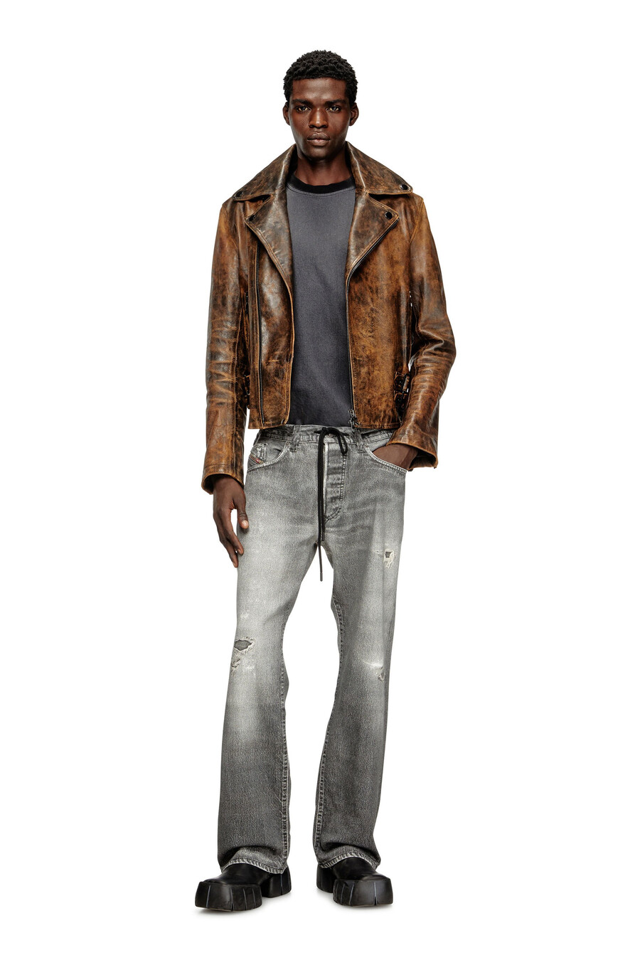 giacca biker da uomo in pelle trattata marrone diesel