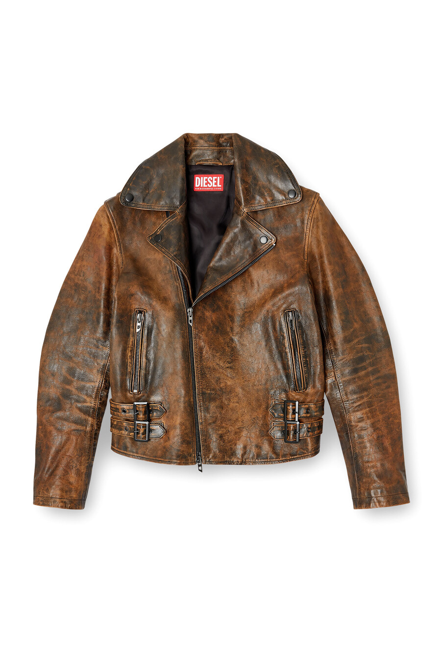 giacca biker da uomo in pelle trattata marrone diesel