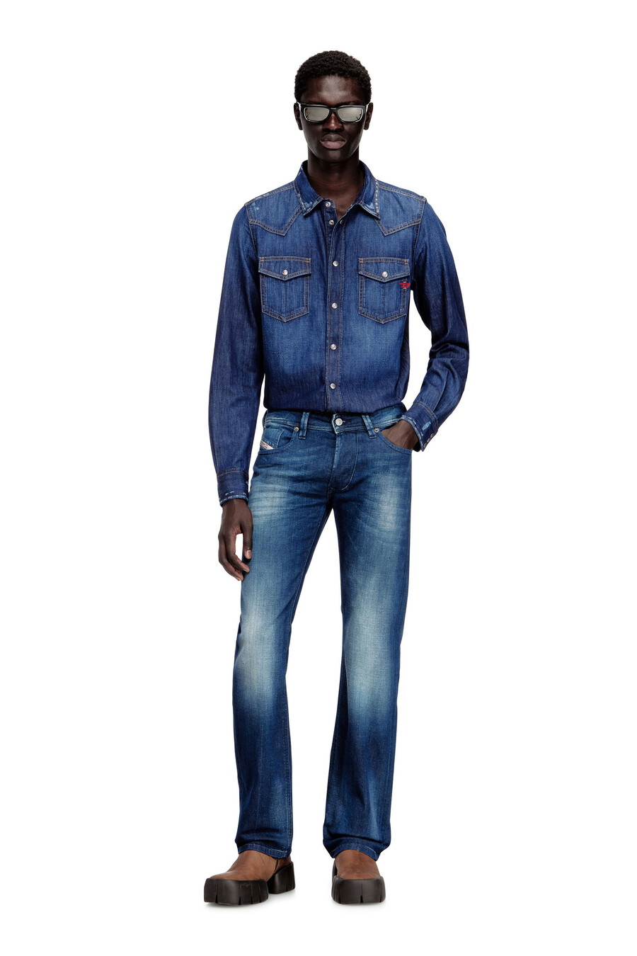 camicia in denim da uomo con tasche applicate blu diesel