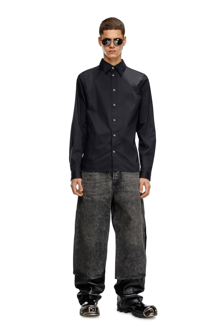 camicia formale da uomo con colletto con logo ricamato nero diesel