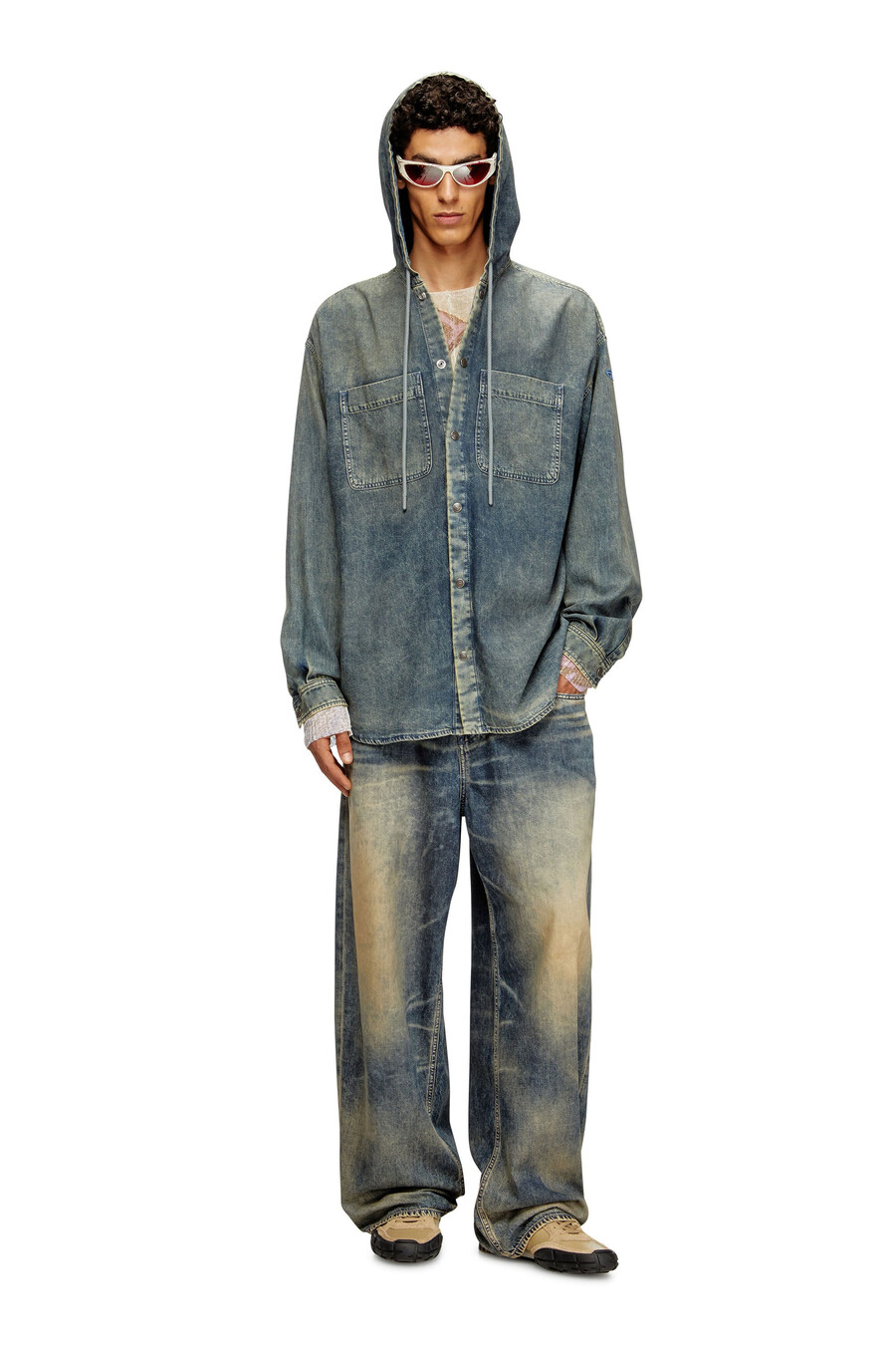 camicia da uomo in denim spalmato marmorizzato blu diesel