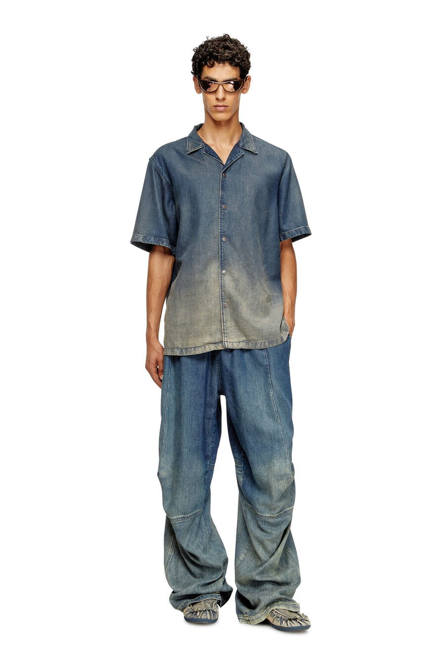 camicia da bowling da uomo in denim fluido sfumato blu diesel