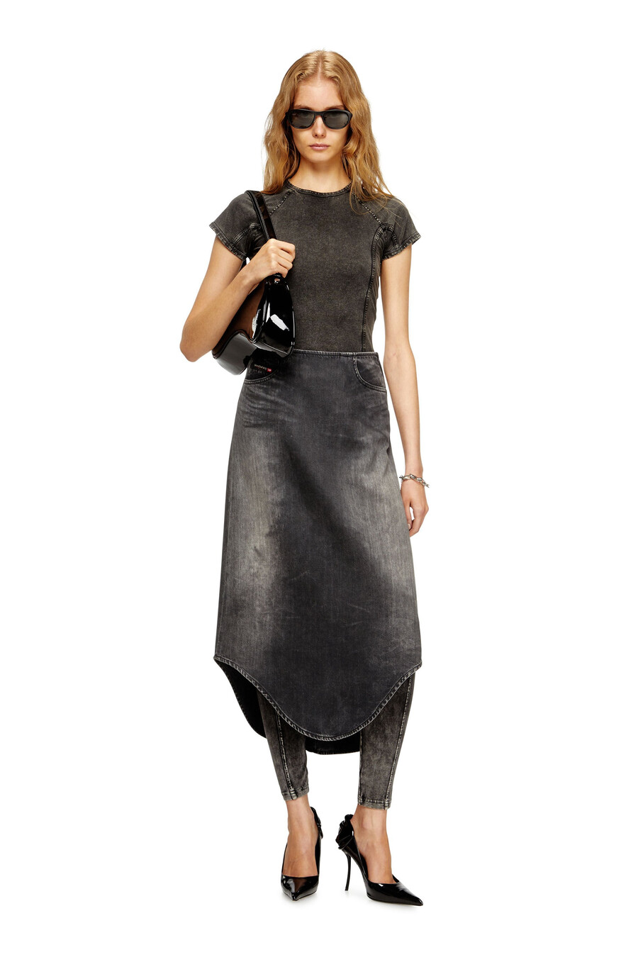 gonna midi in denim da donna con effetto ombra nero diesel